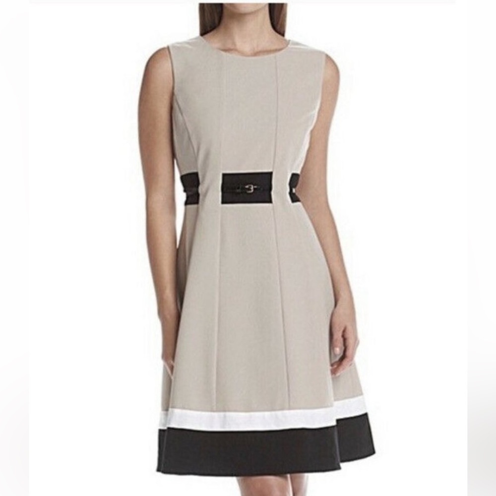 Calvin Klein Fit Flare Beige Sleeveless Color Block Dress 8